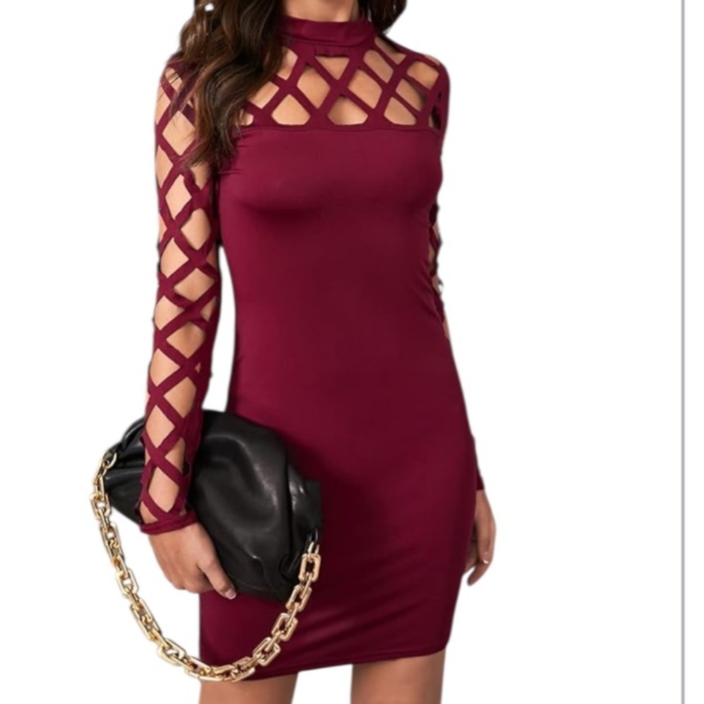 Bebe Burgundy Bodycon Dress with Cut Out Sleeve Sz SP Women